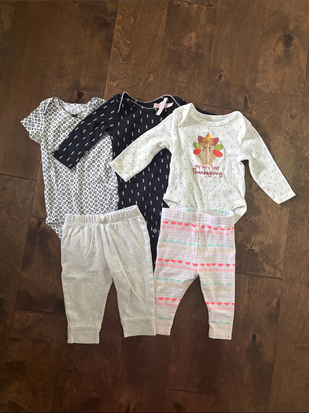 Bundle of FIVE 5 Baby Girl Clothes - Black and White, Cute Pink, Polka Dot 6M